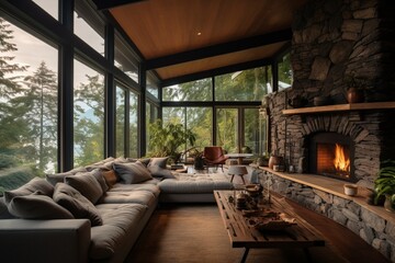 A cozy living room with a sectional sofa, a fireplace, and a wall of windows overlooking nature.