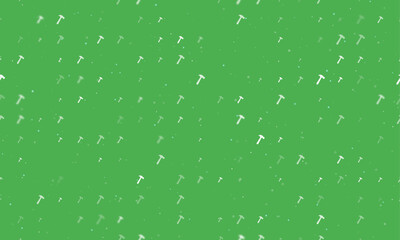 Seamless background pattern of evenly spaced white hammer symbols of different sizes and opacity. Vector illustration on green background with stars