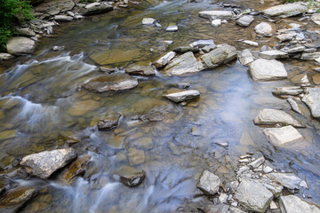 Water flows over rocks in a stream