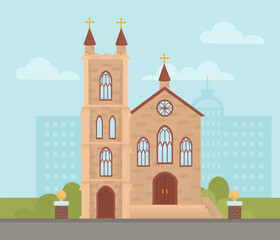 Church architecture concept. Modern and trendy religious builging. City and urban private property, real estate. Saint place, culture and traditions. Cartoon flat vector illustration