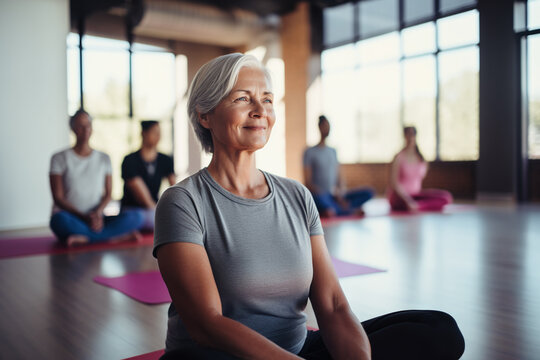 Senior yoga instructor sitting in lotus pose in hatha yoga class. Elderly group practicing yoga meditation and stretching exercises for a healthy retirement lifestyle. Smiling elderly women doing yoga