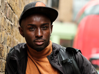 Close portrait of black male model looking at camera.