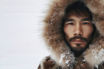 Arctic eskimo indigenous man portrait in traditional fur parka with snow on it on white background. ai generative - obrazy, fototapety, plakaty