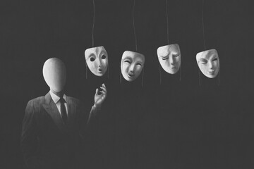 illustration of businessman without face choosing the right mask to wear, surreal identity concept