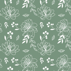 Seamless pattern with white vector line peonies and leaves
