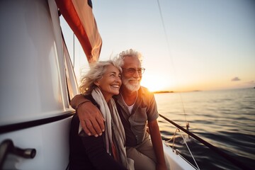 Active senior couple on a sailor boat enjoying sunset at the sea. Romantic date - obrazy, fototapety, plakaty