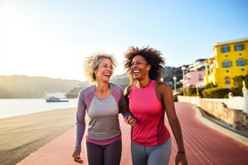 Two women jogging on beach promenade, embracing a fit lifestyle during summer