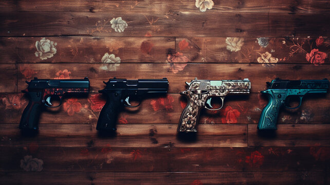 pistol and gun on wooden background