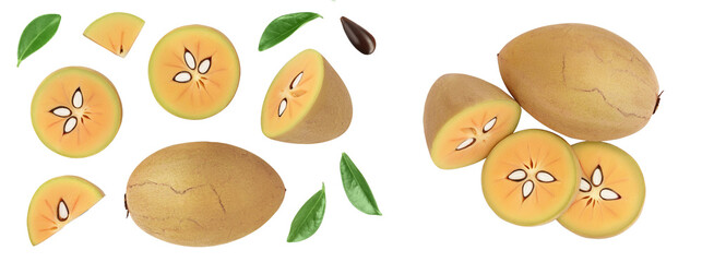 Sapodilla isolated on white background with full depth of field. Top view. Flat lay