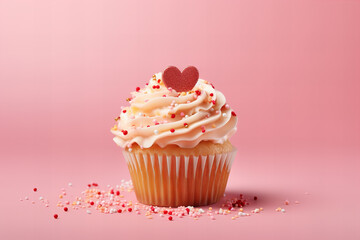cupcake covered in heart shaped sprinkles on a pastel pink background, pink, red and gold colors
