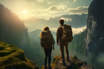 A couple hikers enjoy the dramatic view of the sunrise over a sea of clouds and mountains on a holiday. Concept suitable for mountain climbing, hiking and inspiration. - obrazy, fototapety, plakaty