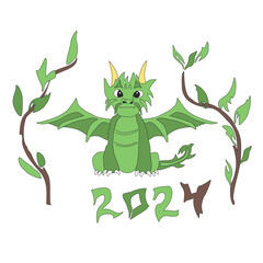 Fototapeta premium New Year card with 2024 year of the dragon! Chinese horoscope symbol. Green earth dragon logo 