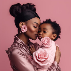 African beautiful mother huddling to her newborn baby, close up over isolated pink background, mothers day, love concept