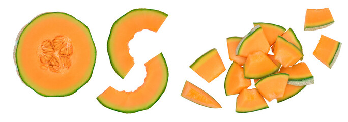 Cantaloupe melon isolated on white background with full depth of field. Top view. Flat lay