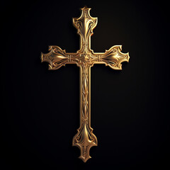 Religious crusifix symbol on brown fog background. Vector golden shiny orthodox cross. - obrazy, fototapety, plakaty