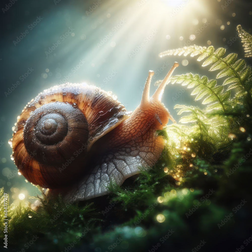 Aufkleber wet snail with coiled shell while navigating the forest moss and delicate ferns under a gentle sun l