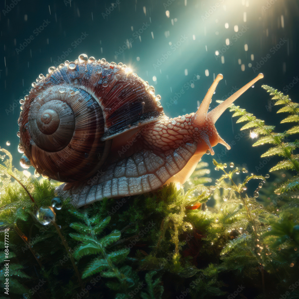 Poster wet snail with coiled shell while navigating the forest moss and delicate ferns under a gentle sun l