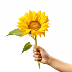 Female hand holding a sunflower on white background, Generative AI