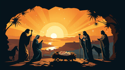Christmas Christian Nativity Scene of baby Jesus in the manger with Mary and Joseph in silhouette surrounded by animals and the three wise men with the city of Bethlehem in the distance