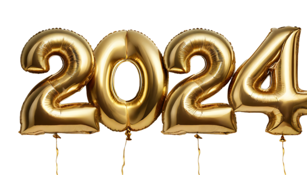 Happy new year Golden helium balloons 2024 on Transparent Background