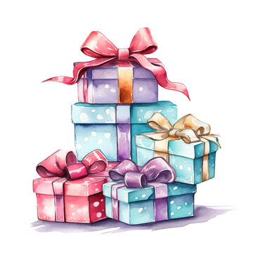 Illustration Of Watercolor Gift Boxes On White Background