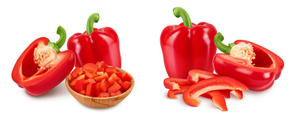 red sweet bell pepper in wooden bowl isolated on white background with full depth of field