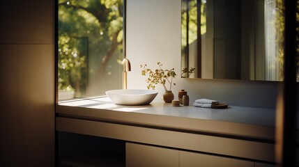 Minimalistic bathroom. Sink, countertop and mirror. Natural materials and Japan inspired style