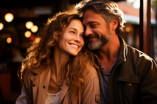 Pareja de enamorados juntos estrech&aacute;ndose en estado sentimental, en un atardecer rom&aacute;ntico