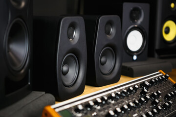Professional hi fi monitors in a music store. Buy new high fidelity speakers 