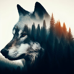 Double Exposure of an Attentive Lone Wild Wolf Animal Close-up Portrait with Mountain Pine Tree Forest Wildlife Landscape Scene Big Mammal Carnivorous Hunter Danger, Nature Habitat Population Control.