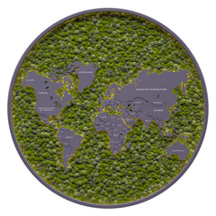 World map, modern planisphere with states and nations surrounded by green parts, green economy map, 3d illustration, 3d rendering