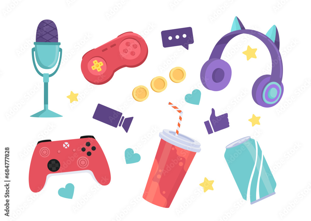 Poster gaming objects set. miocrophone and red gamepad and joystick. headphones and controller. can and cup