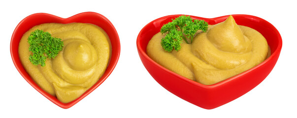 Mustard sauce in ceramic bowl with seed isolated on white background. Top view. Flat lay
