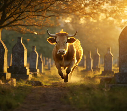 A cow is in the cemetery
