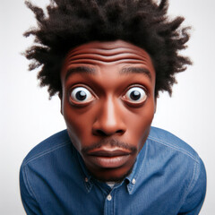 Funny Portrait of surprised black man with Huge Eyes on solid white background, wide angle shot. ai generative