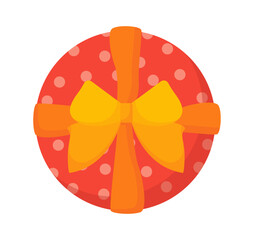 Gift box in wrapping papper. Red surprise with yellow bow. Present to holiday and festival. Christmas and birthday. Social media sticker. Cartoon flat vector illustration isolated on white background