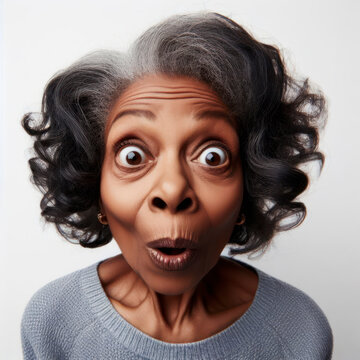 Funny Portrait Of Surprised Senior Black Woman With Huge Eyes On Solid White Background, Wide Angle Shot. Ai Generative