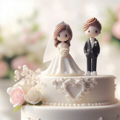 Photo Cute figure bride and groom on a top of cake on white wedding background. ai generative