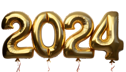 Happy new year Golden helium balloons 2024 on Transparent Background