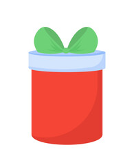 Gift box in wrapping papper. Red surprise with green bow. Present to holiday and festival. Christmas and New Year, birthday. Cartoon flat vector illustration isolated on white background