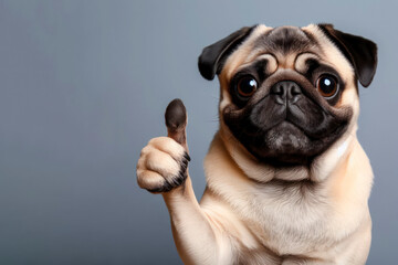 Photo of a surprised dog giving thumb up on solid background. ai generative - obrazy, fototapety, plakaty