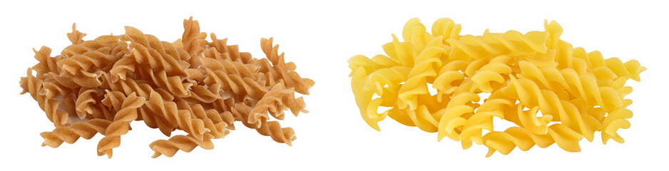 Wolegrain fusilli pasta from durum wheat isolated on white background with full depth of field.