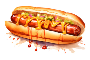 Delicious hotdog Watercolor illustration isolated on white background