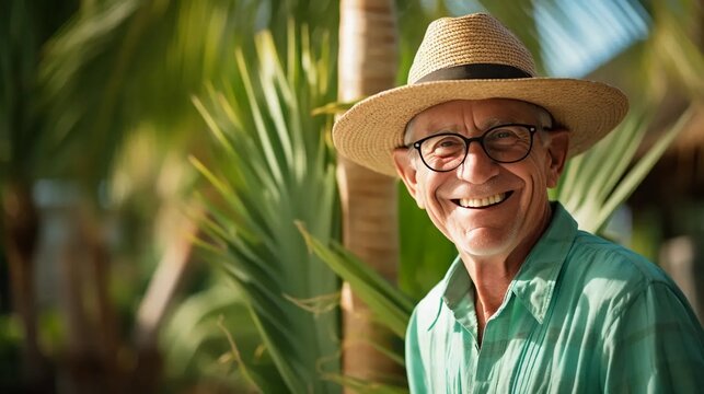 Senior happy man on vacation in exotic countries, traveling around the world in retirement