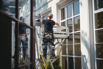 Young men installing bay window in a new house construction site