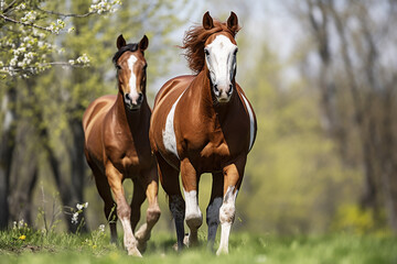 Fototapeta premium Two beautiful horse run gallop on flowers field with blue sky behind
