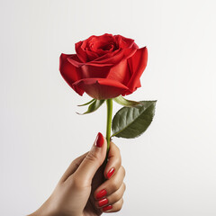 Female hand holding a red rose on grey background, Generative AI