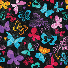 Vector Valentine rainbow seamless pattern with hearts and butterflies on black background