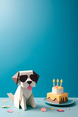 Origami Style Birthday Card with a Dog on Smooth Copy Space Background