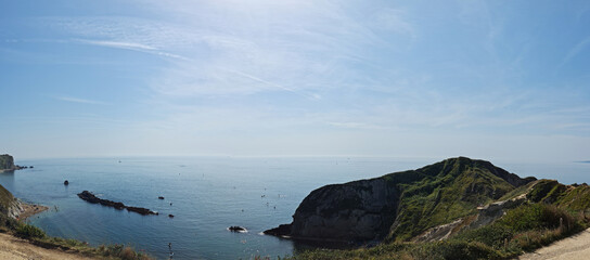Ultra Wide High Resolution and High Angle View of Most Beautiful British Tourist Attraction and Sea View of Durdle Door Ocean, England UK